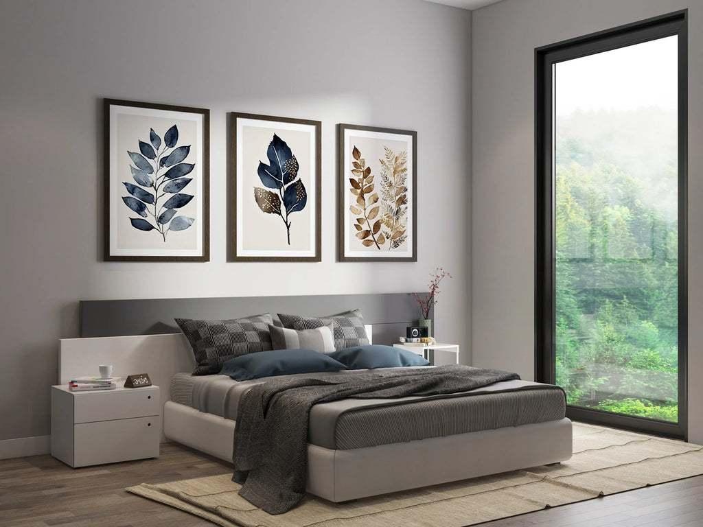 Botanical leaf wall art set of 3 – navy blue and gold elegant leaf decor