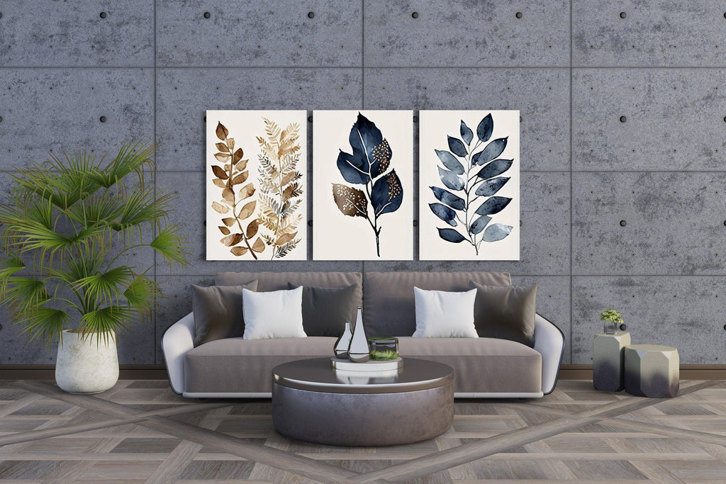 Botanical leaf wall art set of 3 – navy blue and gold elegant leaf decor