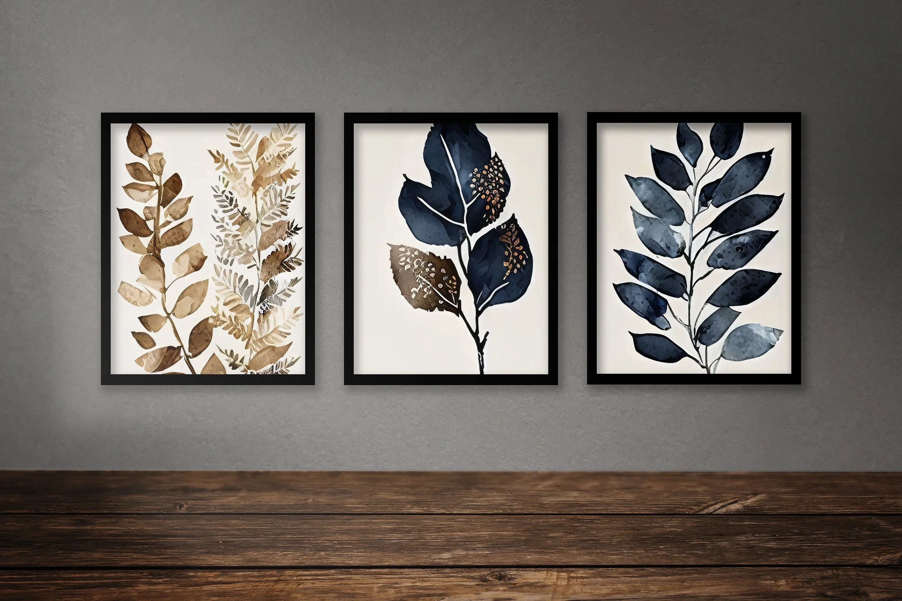 Botanical leaf wall art set of 3 – navy blue and gold elegant leaf decor