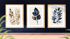 Botanical leaf wall art set of 3 – navy blue and gold elegant leaf decor