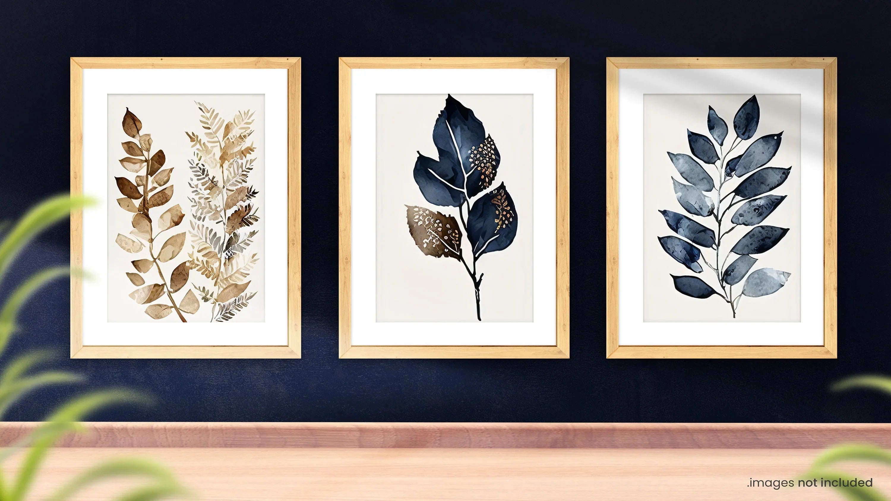 Botanical leaf wall art set of 3 – navy blue and gold elegant leaf decor