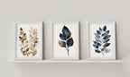 Botanical leaf wall art set of 3 – navy blue and gold elegant leaf decor