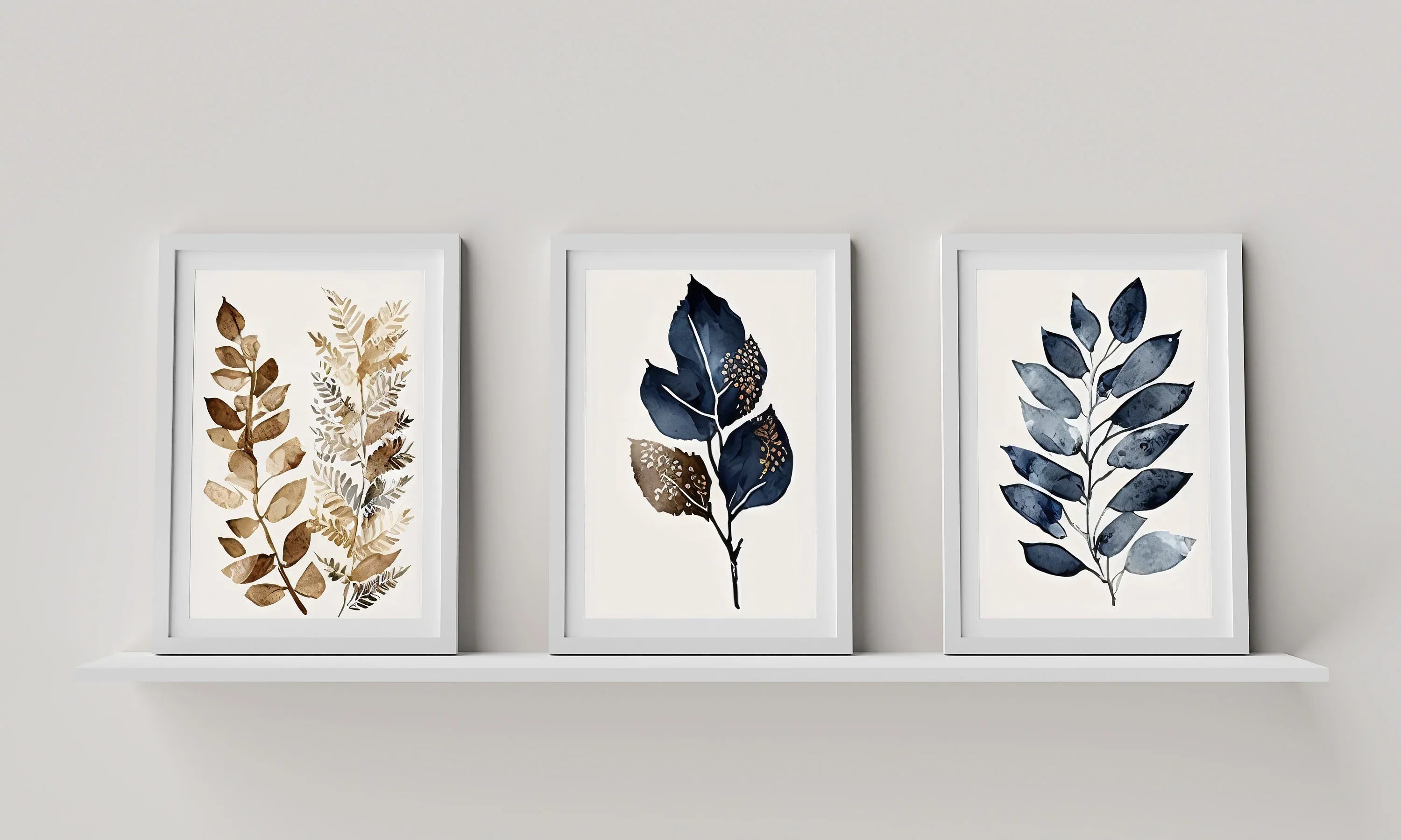 Botanical leaf wall art set of 3 – navy blue and gold elegant leaf decor