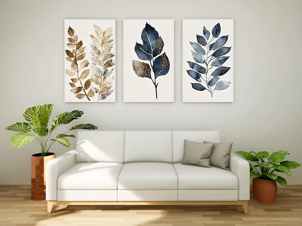 Botanical leaf wall art set of 3 – navy blue and gold elegant leaf decor