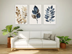 Botanical leaf wall art set of 3 – navy blue and gold elegant leaf decor