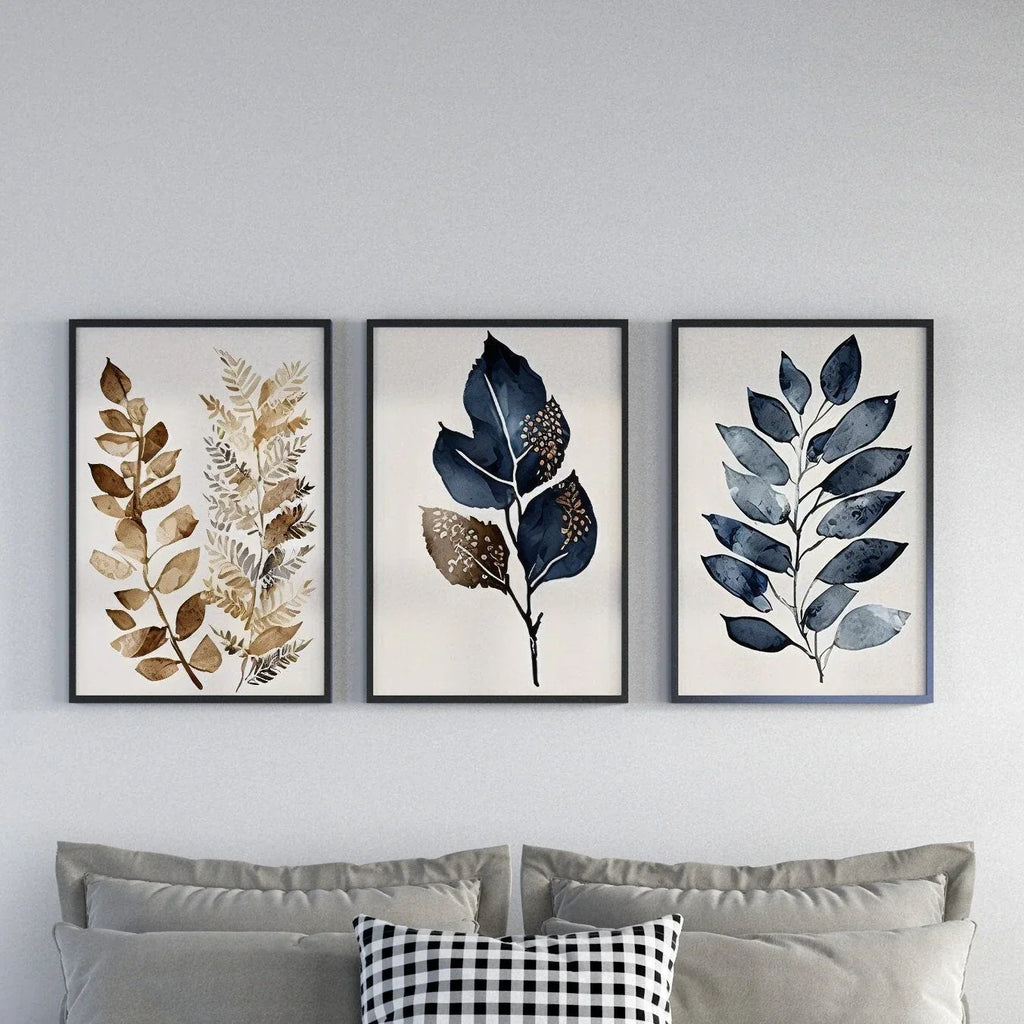 Botanical leaf wall art set of 3 – navy blue and gold elegant leaf decor