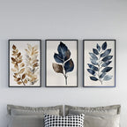Botanical leaf wall art set of 3 – navy blue and gold elegant leaf decor