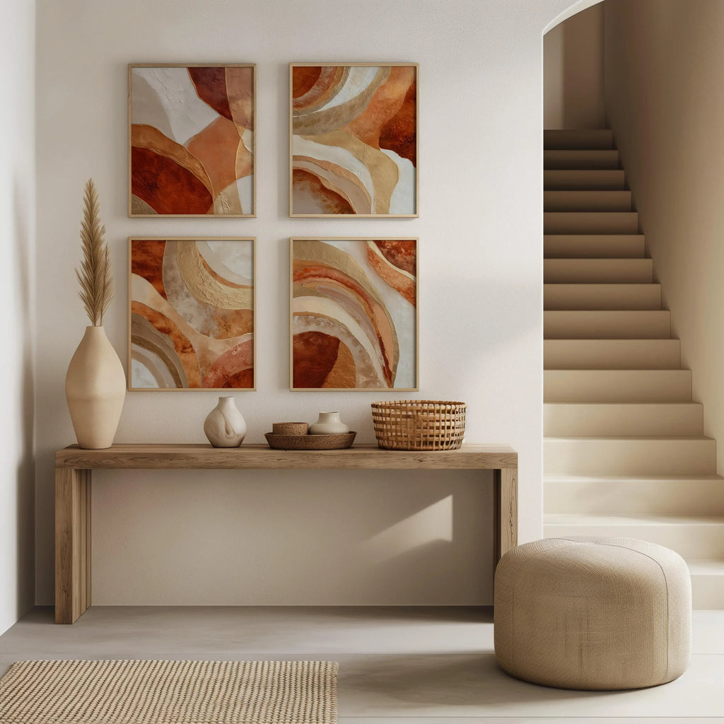 Burnt orange abstract arc wall art set of 4 – mid-century gold line decor