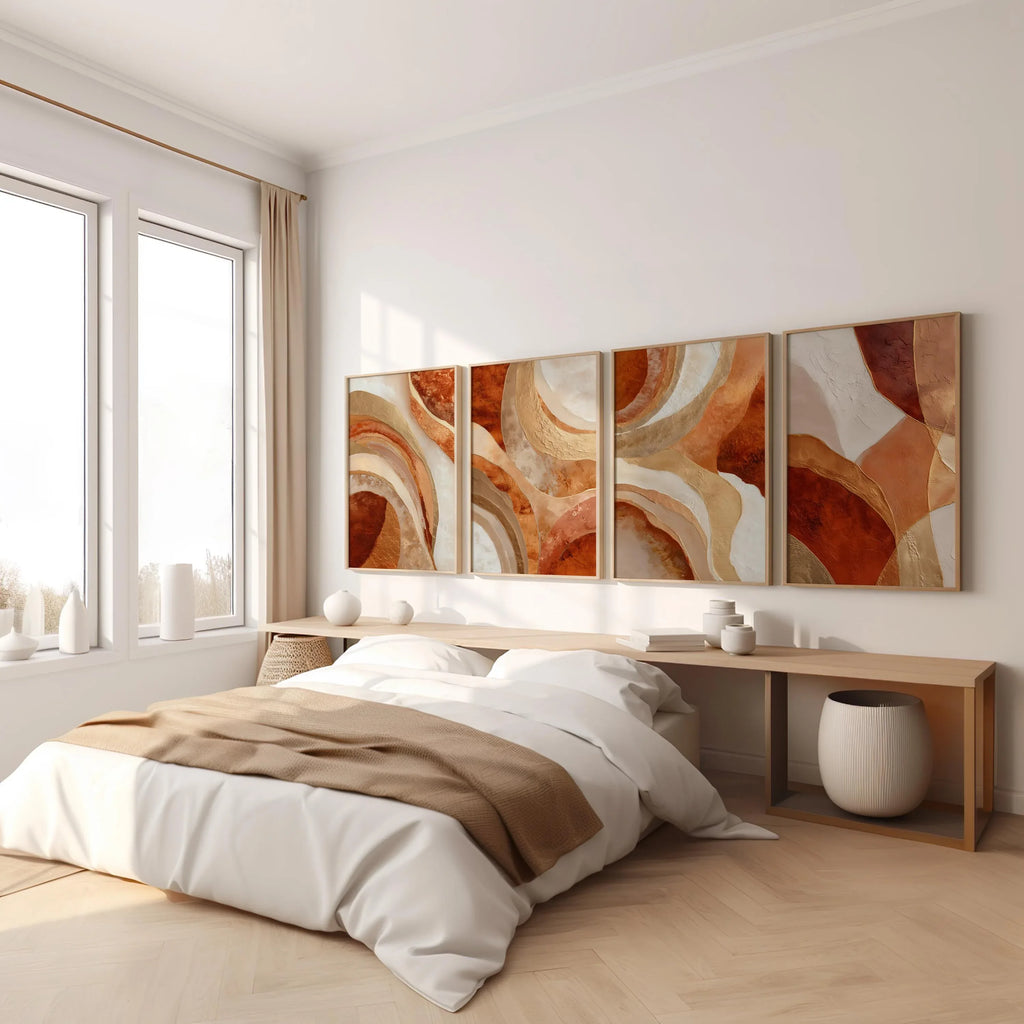 Burnt orange abstract arc wall art set of 4 – mid-century gold line decor