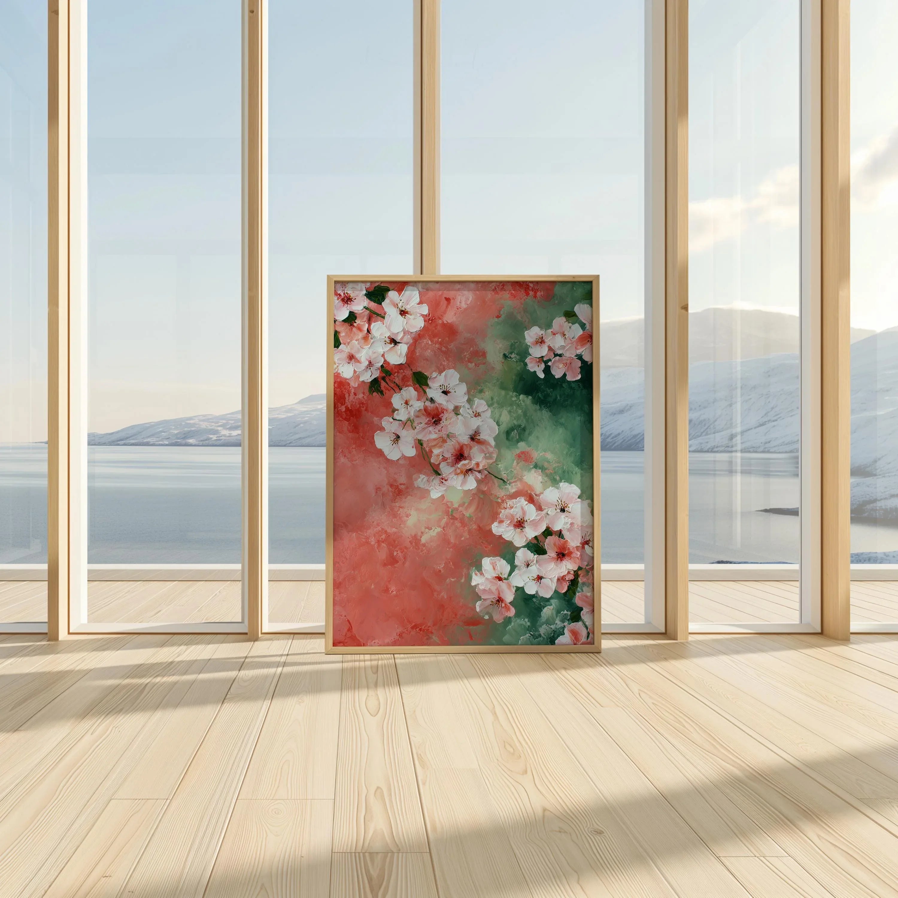 Cherry blossom texture wall art – pink green modern watercolour floral decor