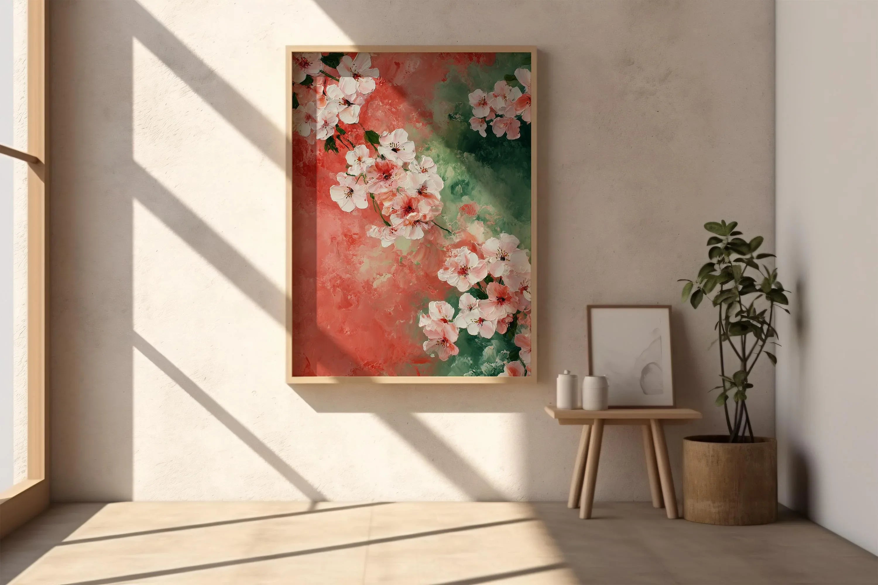 Cherry blossom texture wall art – pink green modern watercolour floral decor