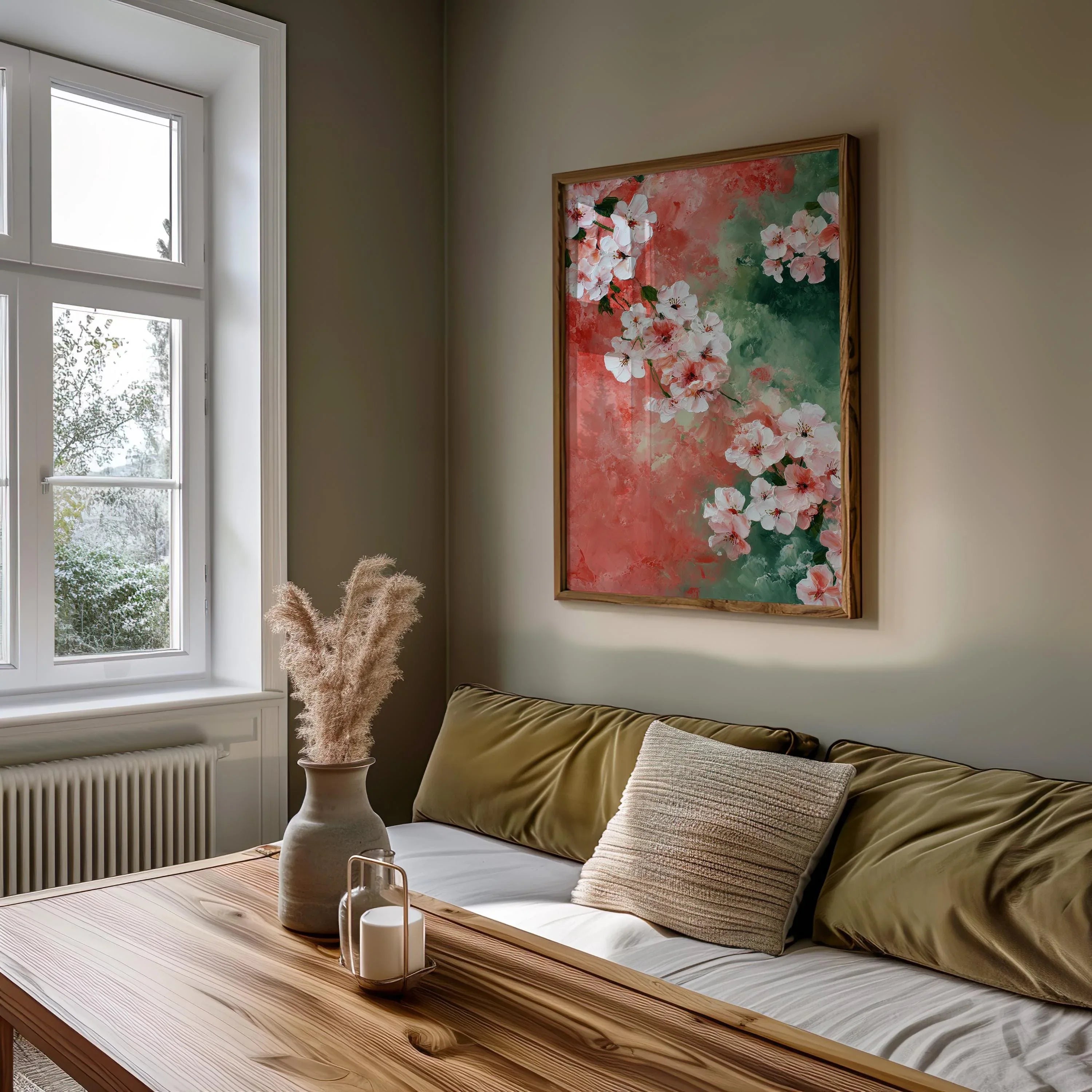 Cherry blossom texture wall art – pink green modern watercolour floral decor