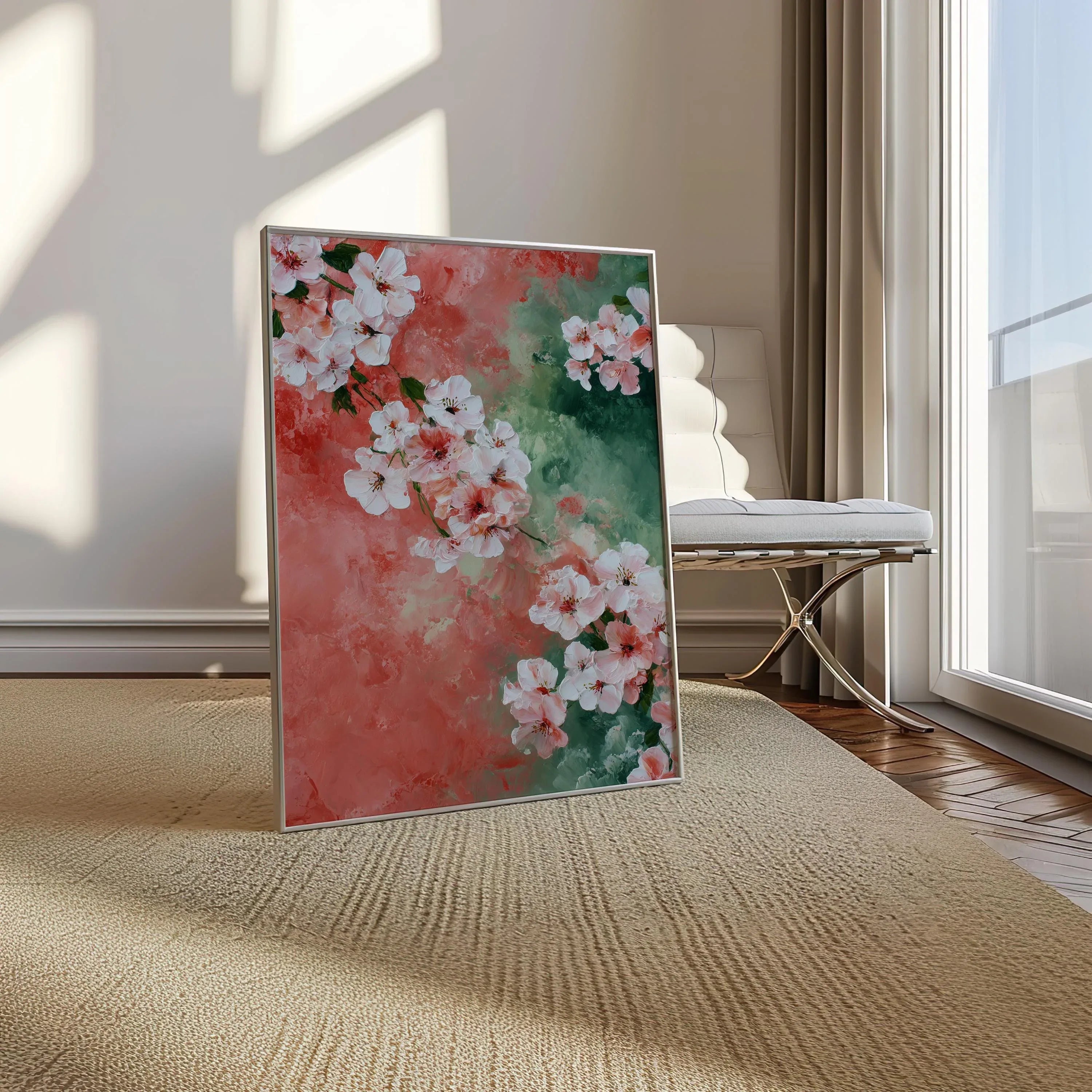 Cherry blossom texture wall art – pink green modern watercolour floral decor