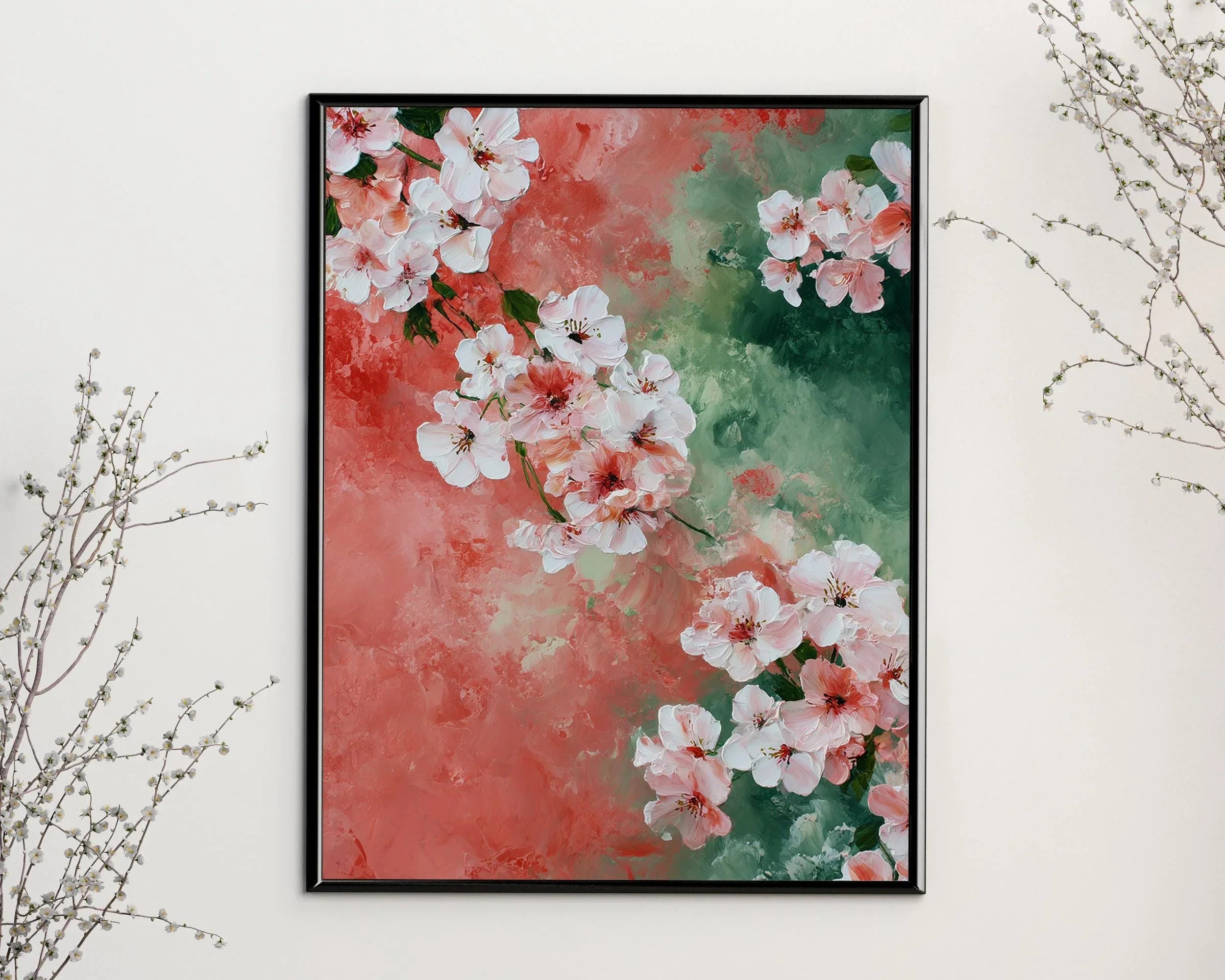 Cherry blossom texture wall art – pink green modern watercolour floral decor