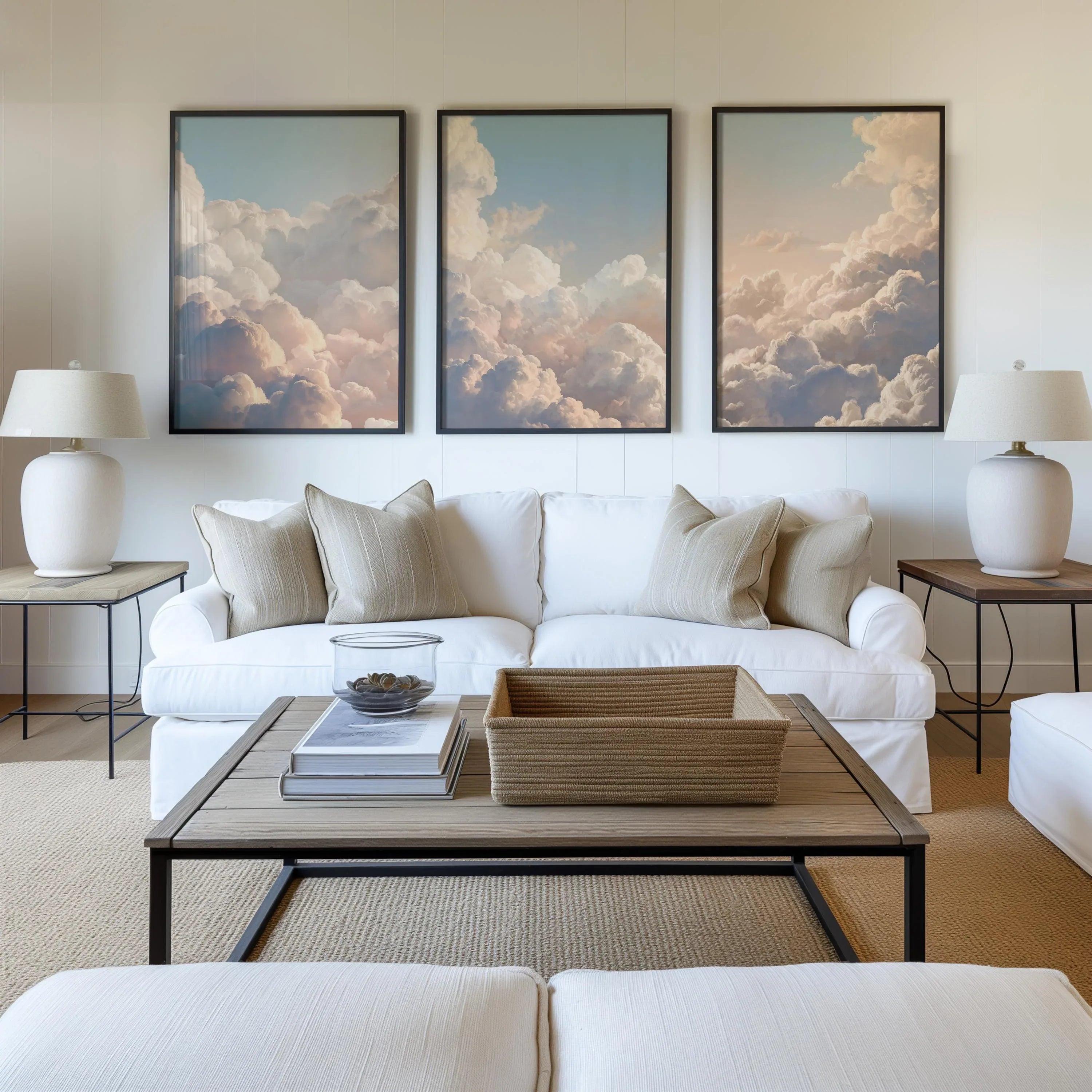 Cloud sky wall art set of 3 – dreamy blue and cream nature cloudscape decor