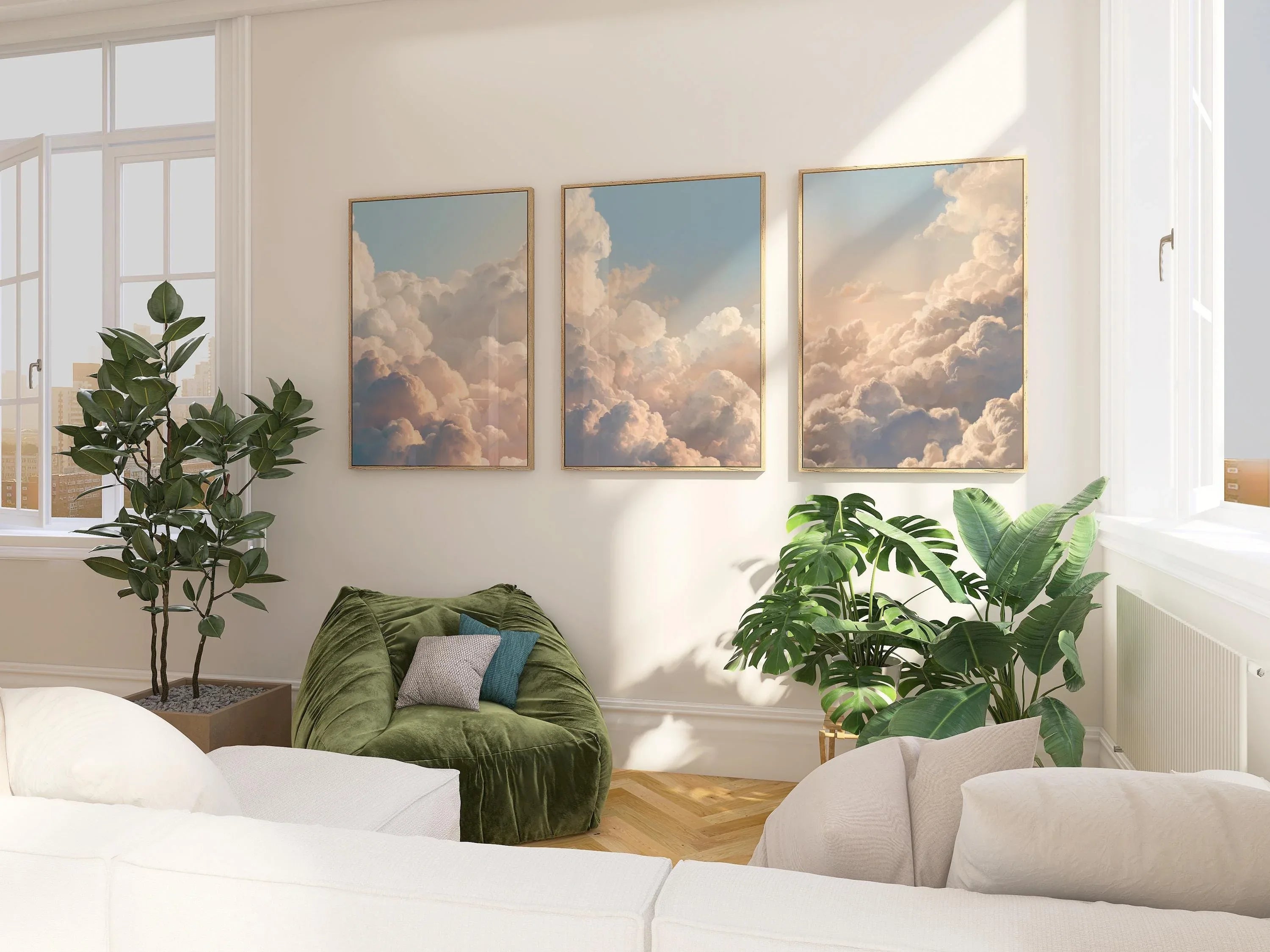 Cloud sky wall art set of 3 – dreamy blue and cream nature cloudscape decor