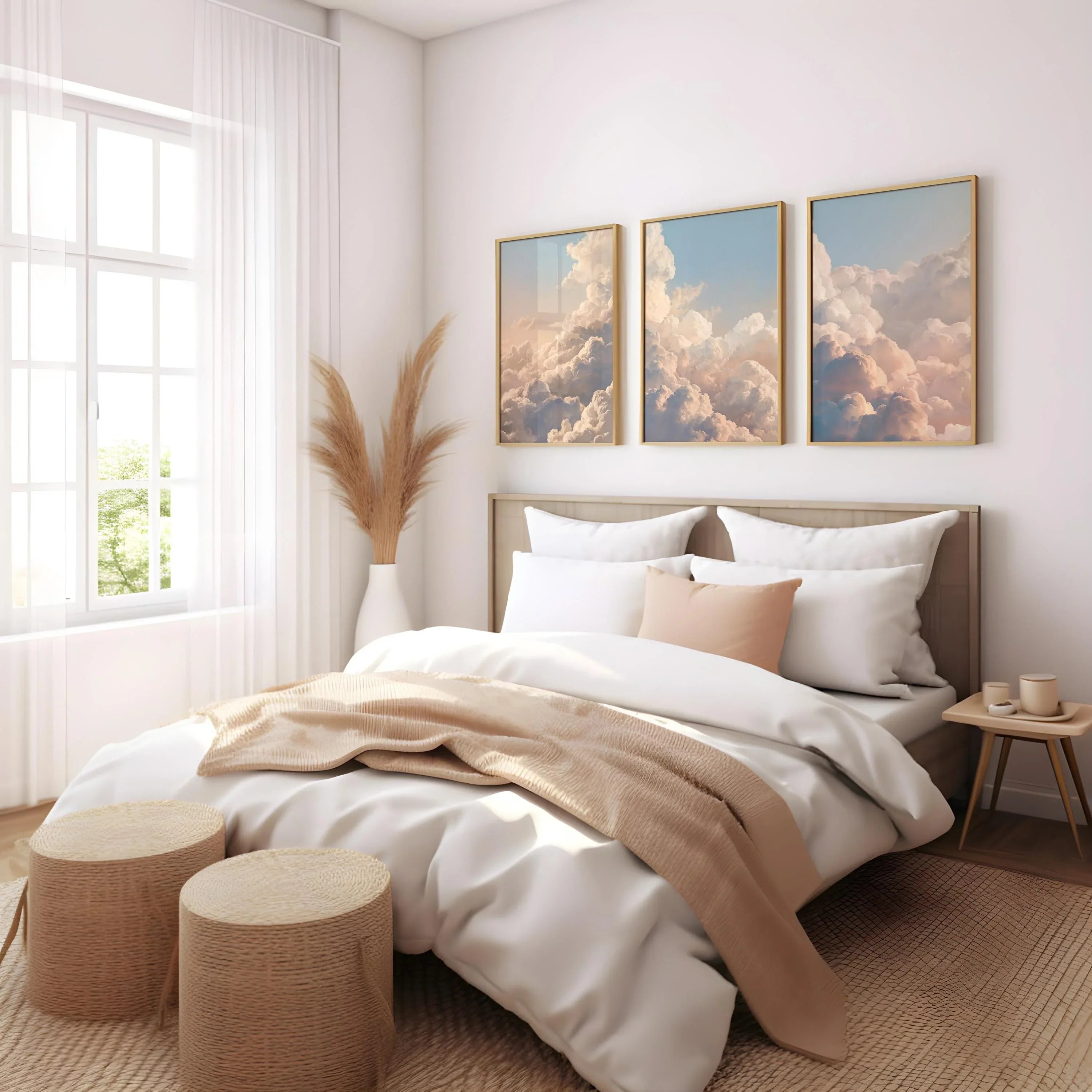 Cloud sky wall art set of 3 – dreamy blue and cream nature cloudscape decor