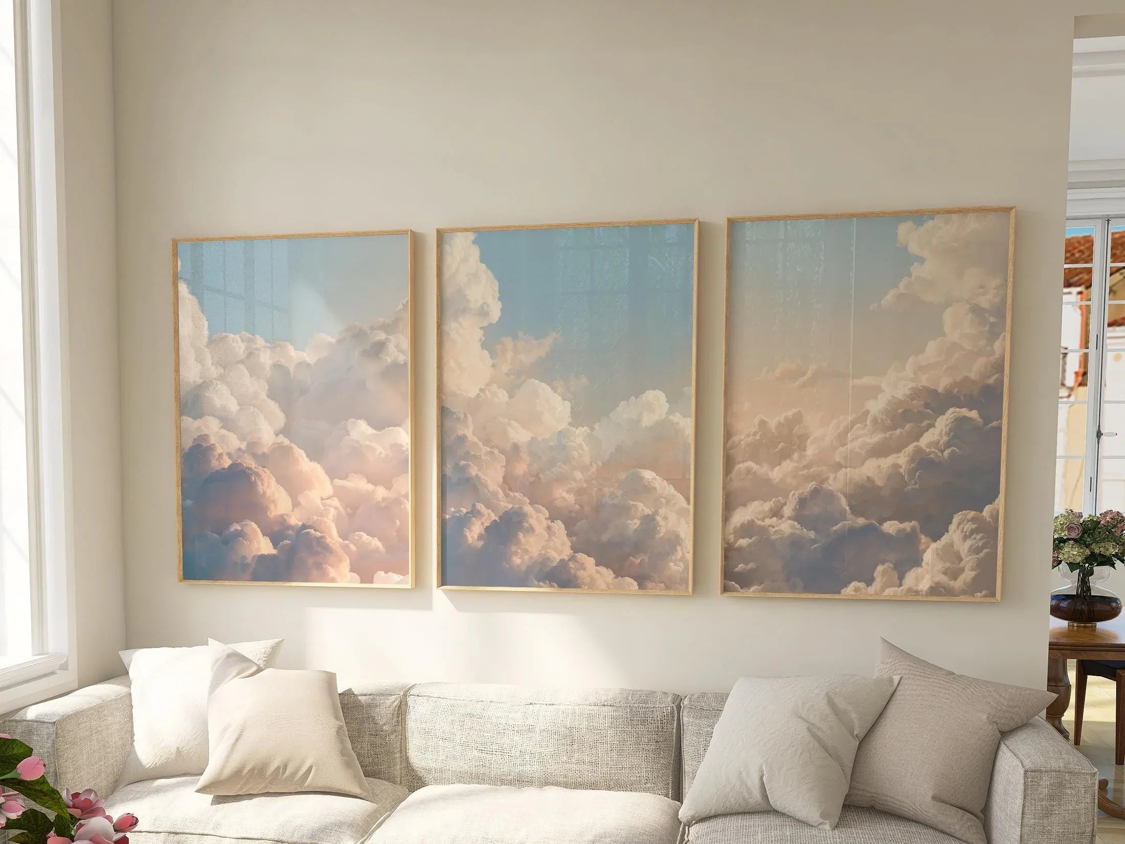 Cloud sky wall art set of 3 – dreamy blue and cream nature cloudscape decor