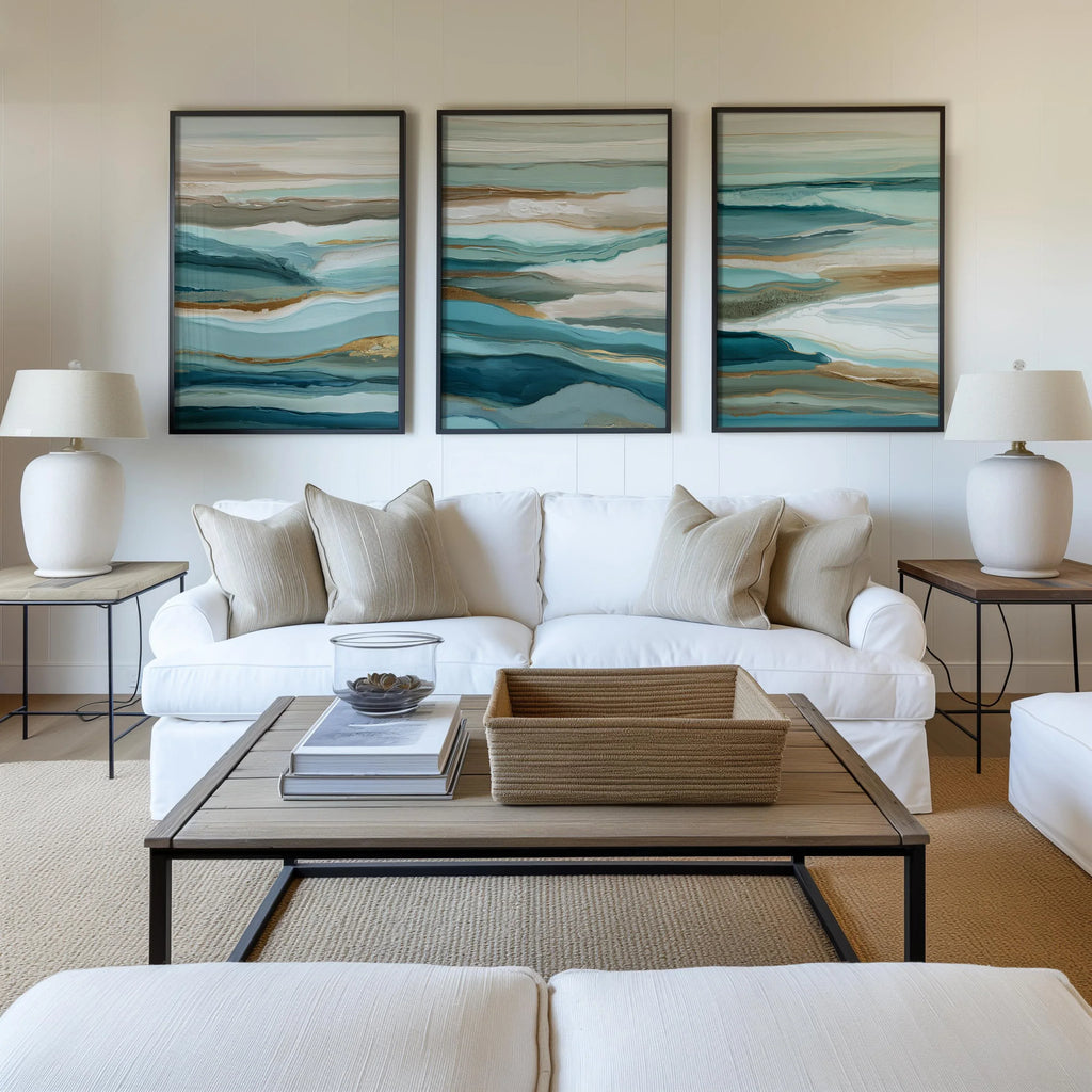 Coastal abstract wall art set – blue teal seascape triptych ocean decor