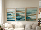 Coastal abstract wall art set – blue teal seascape triptych ocean decor