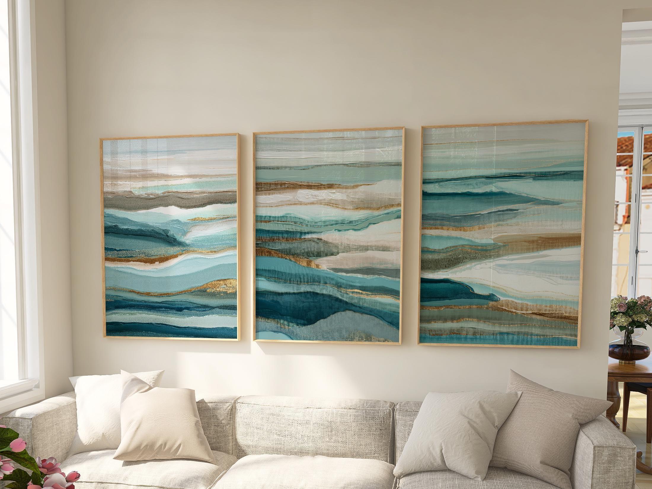 Coastal abstract wall art set – blue teal seascape triptych ocean decor