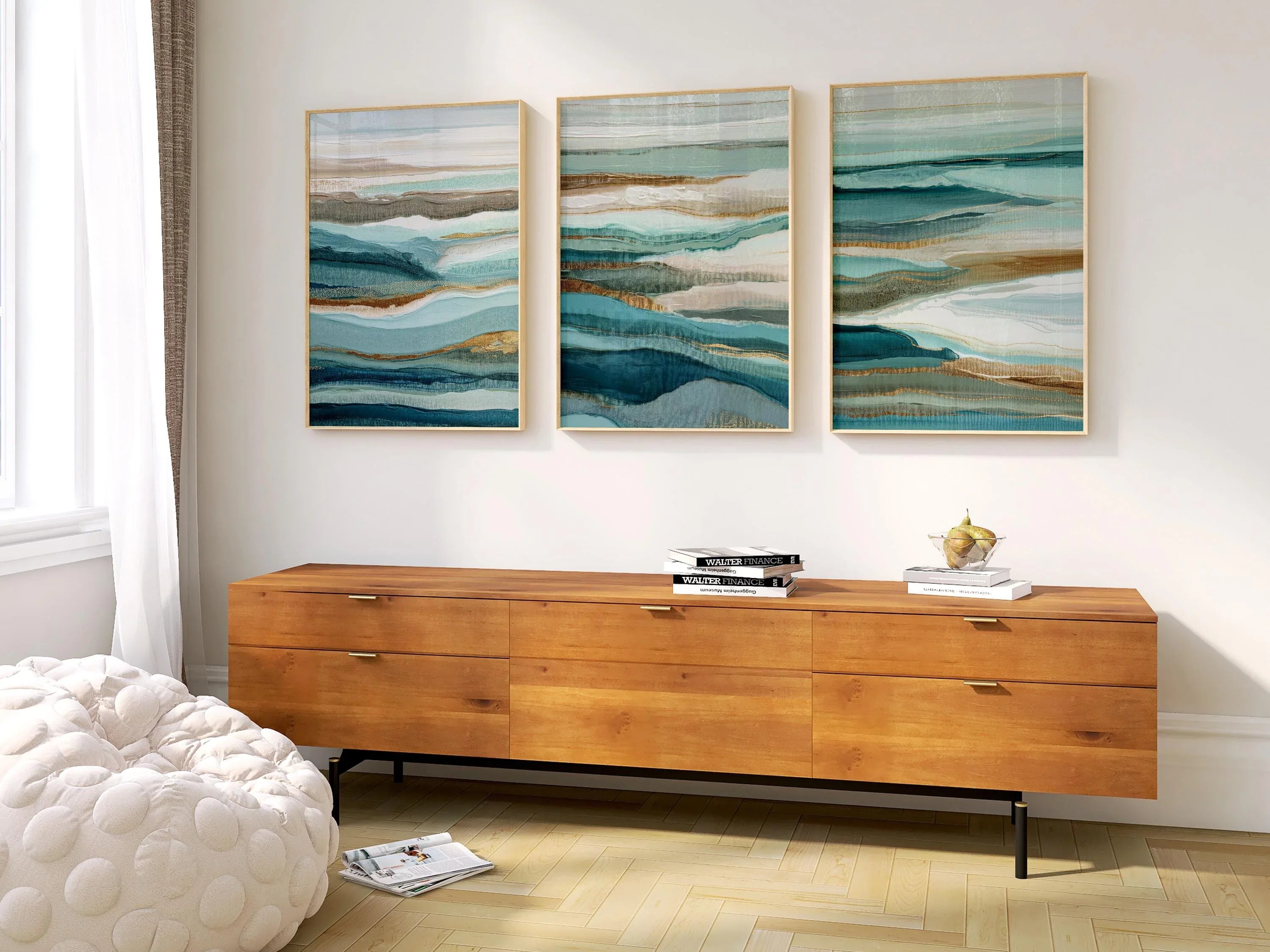 Coastal abstract wall art set – blue teal seascape triptych ocean decor
