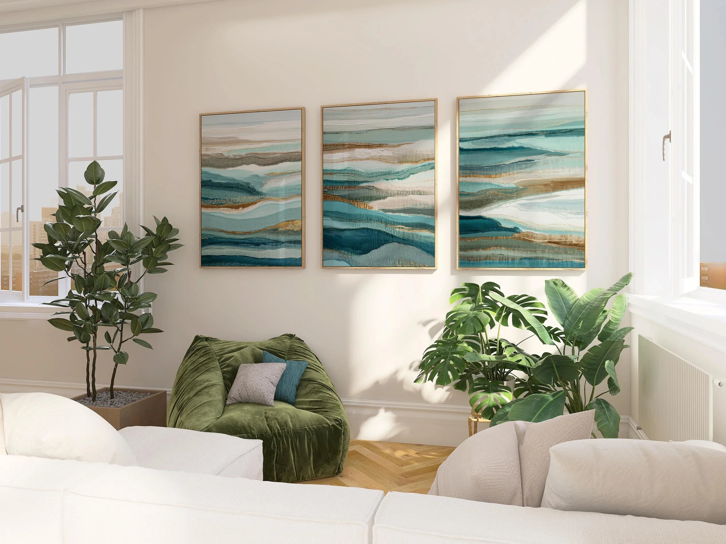 Coastal abstract wall art set – blue teal seascape triptych ocean decor