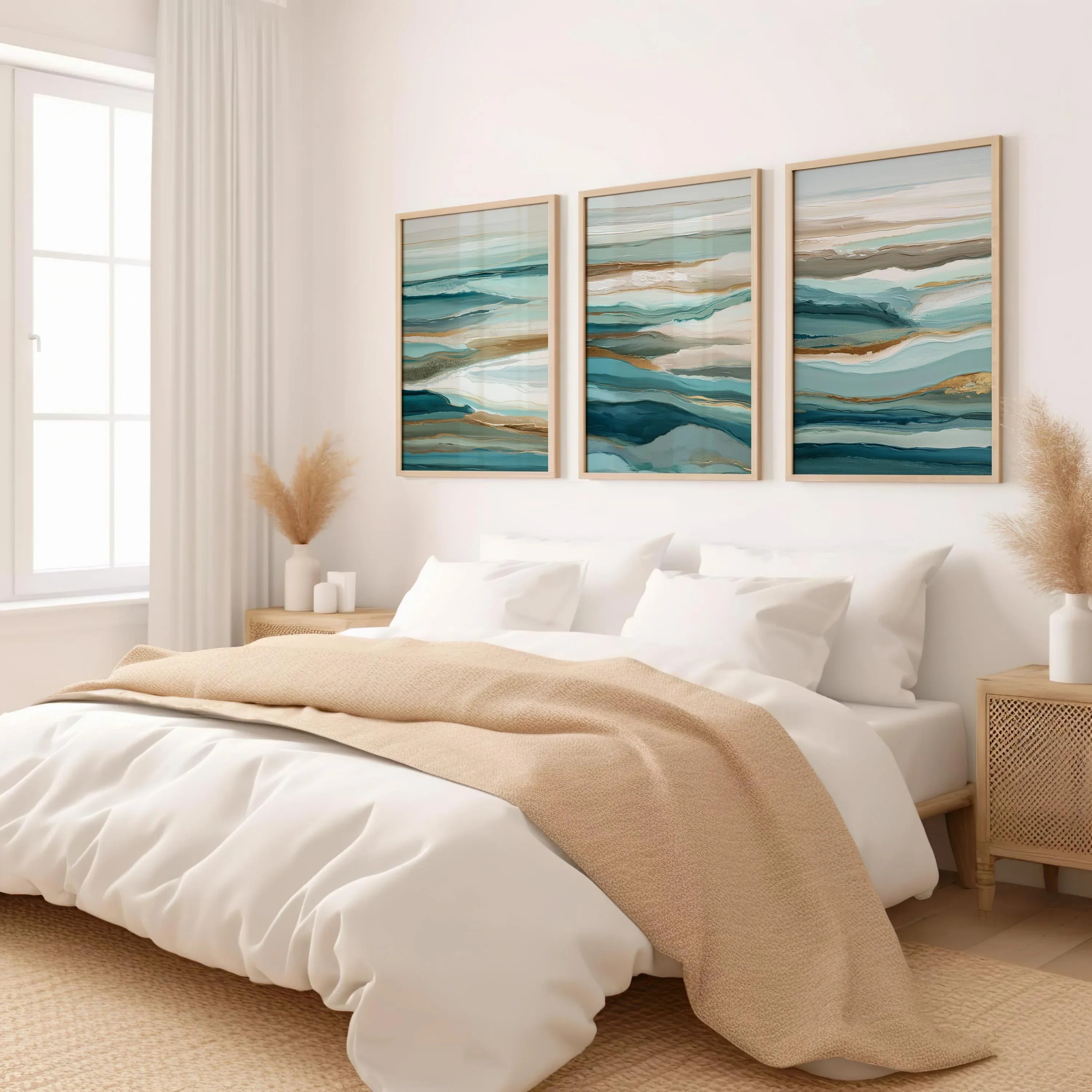 Coastal abstract wall art set – blue teal seascape triptych ocean decor