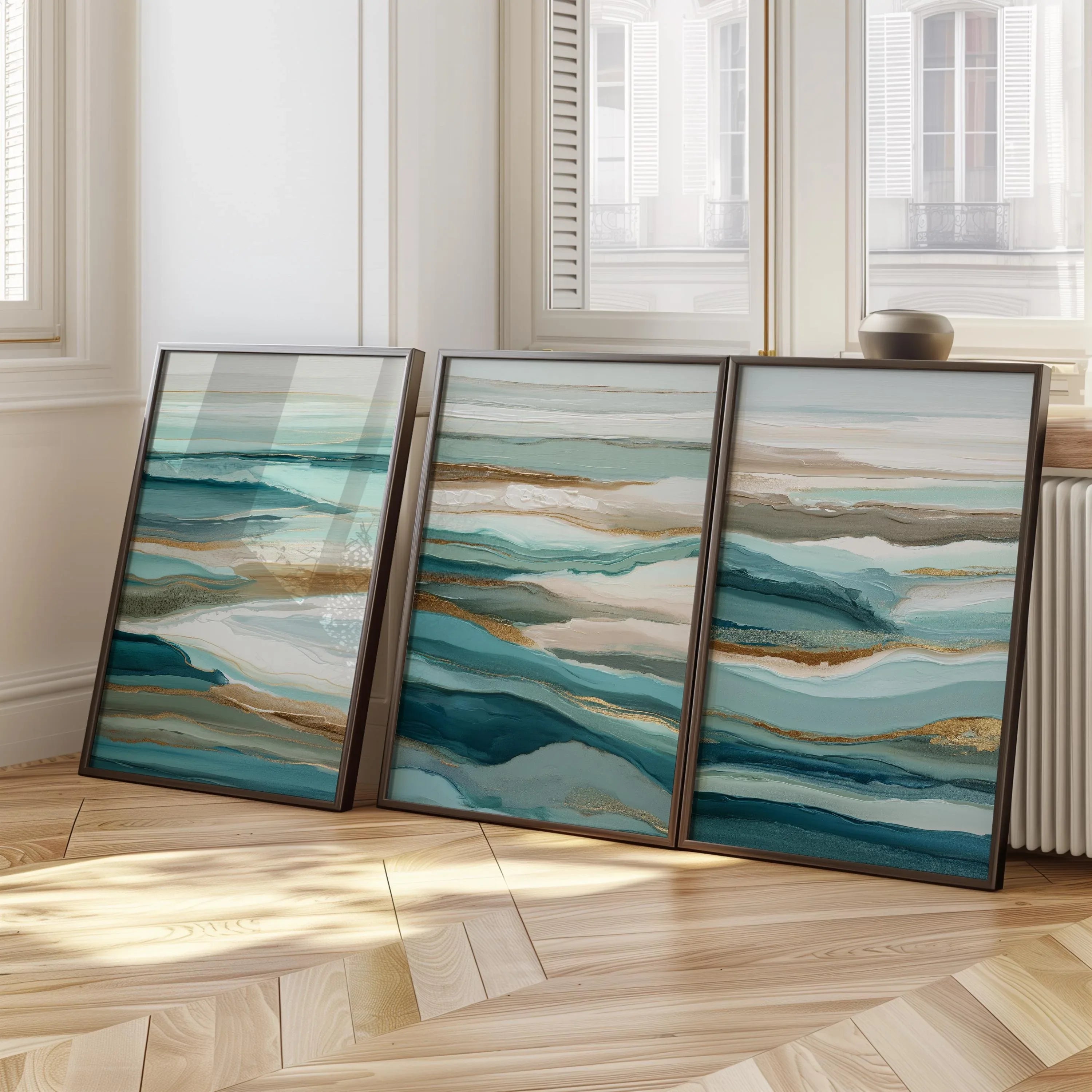 Coastal abstract wall art set – blue teal seascape triptych ocean decor