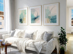 Coastal abstract watercolour wall art set of 3 – turquoise beige ocean decor