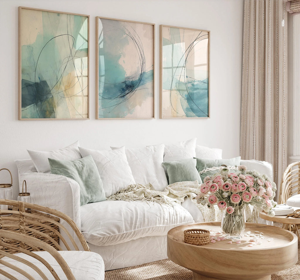 Coastal abstract watercolour wall art set of 3 – turquoise beige ocean decor