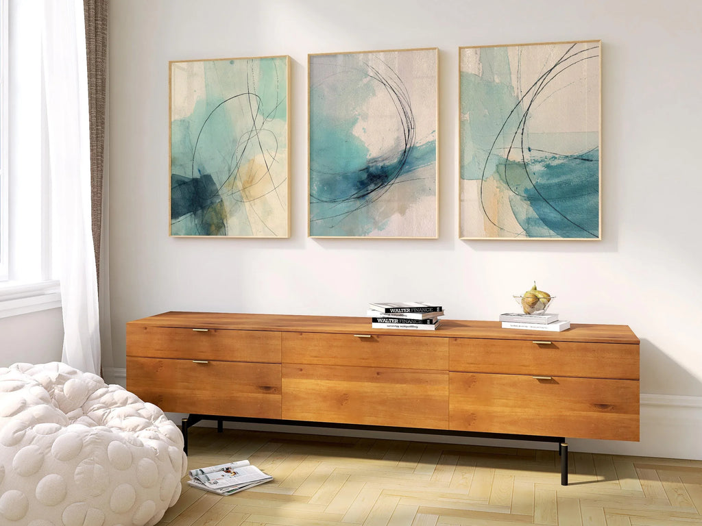 Coastal abstract watercolour wall art set of 3 – turquoise beige ocean decor