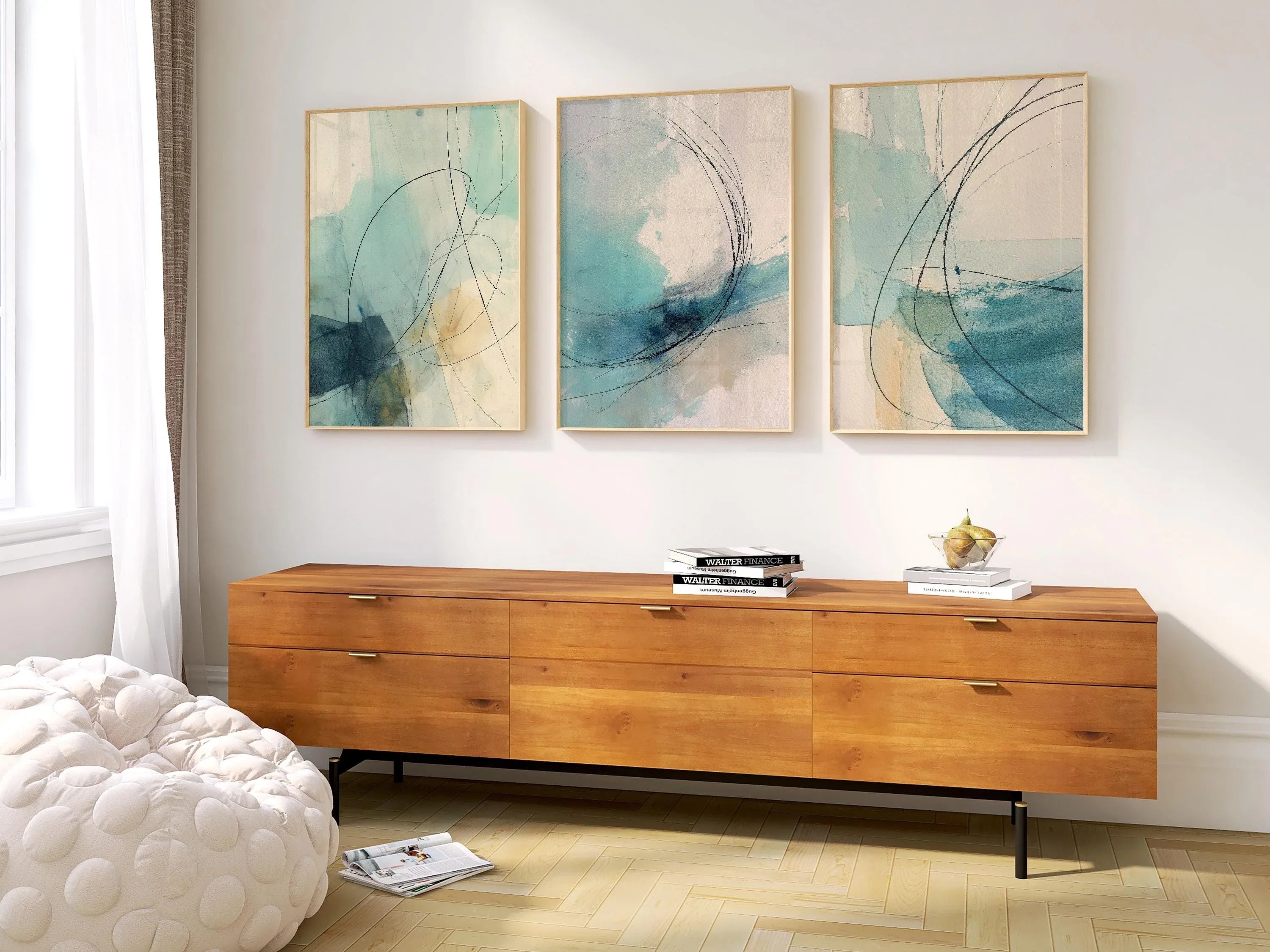 Coastal abstract watercolour wall art set of 3 – turquoise beige ocean decor