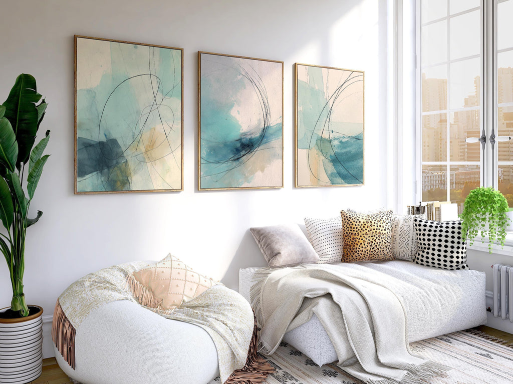 Coastal abstract watercolour wall art set of 3 – turquoise beige ocean decor