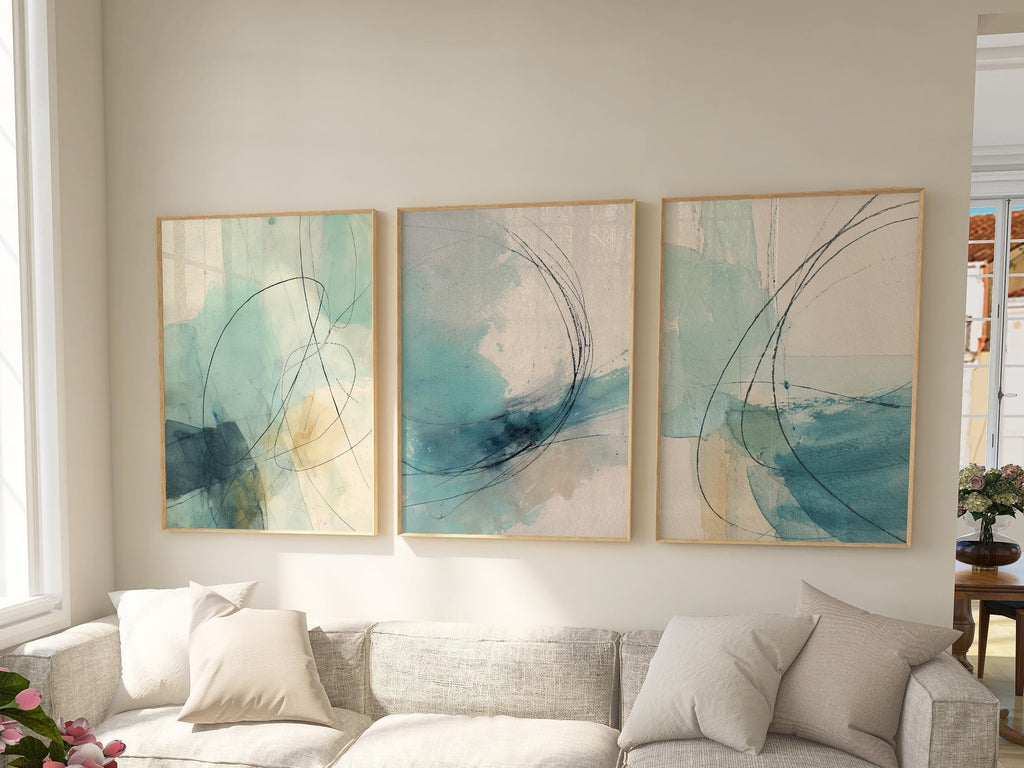 Coastal abstract watercolour wall art set of 3 – turquoise beige ocean decor