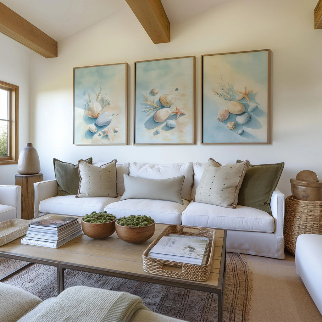 Coastal beach wall art set of 3 – seashell starfish ocean decor in blue beige