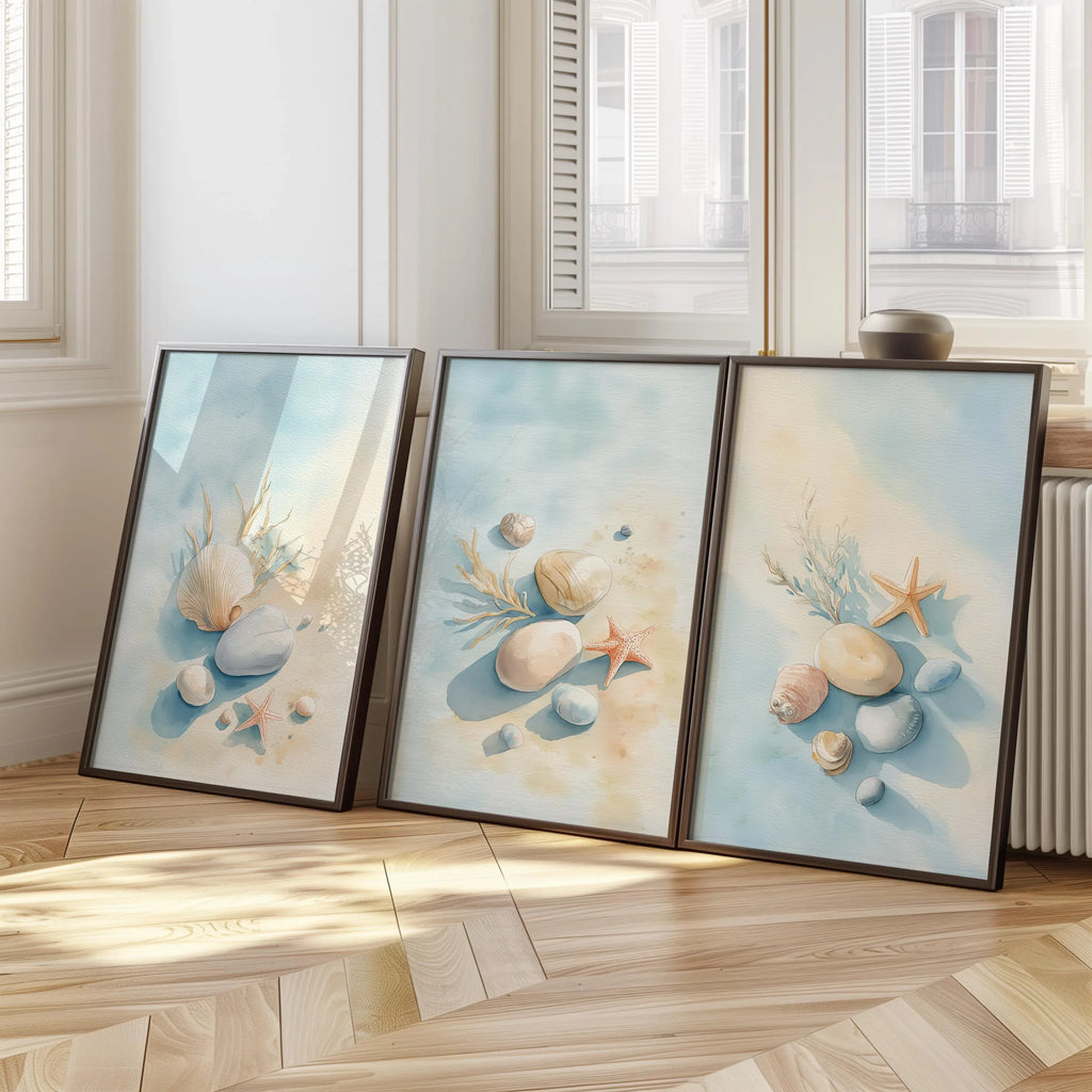 Coastal beach wall art set of 3 – seashell starfish ocean decor in blue beige