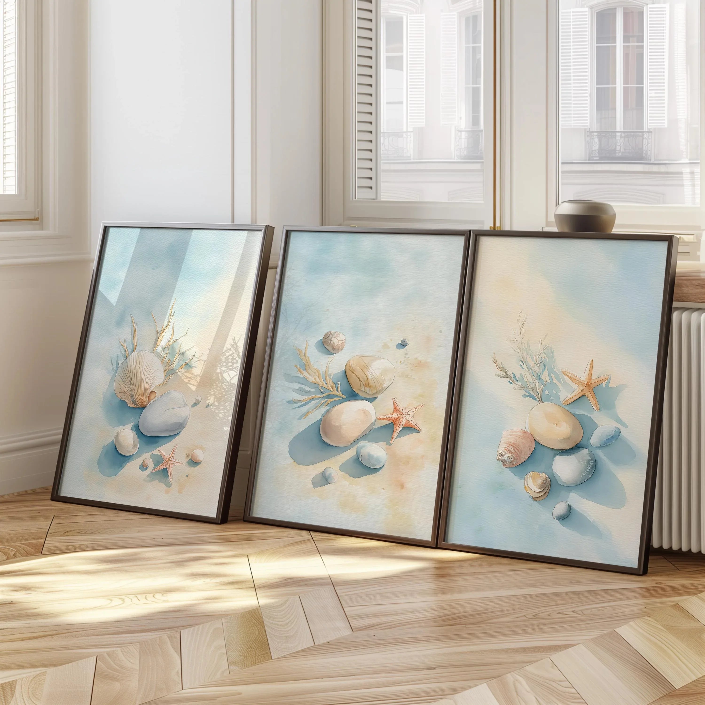Coastal beach wall art set of 3 – seashell starfish ocean decor in blue beige