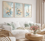 Coastal beach wall art set of 3 – seashell starfish ocean decor in blue beige