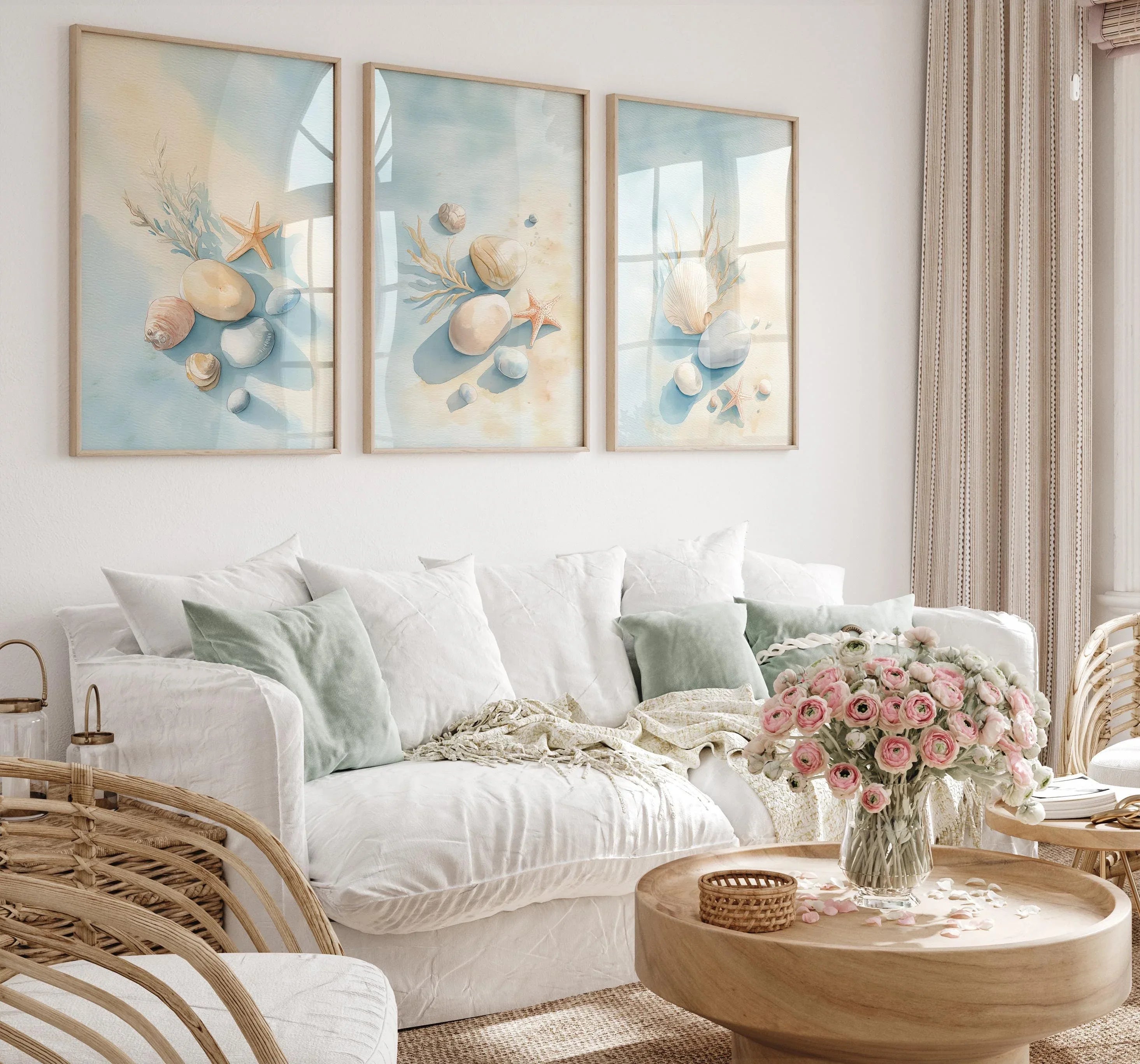 Coastal beach wall art set of 3 – seashell starfish ocean decor in blue beige