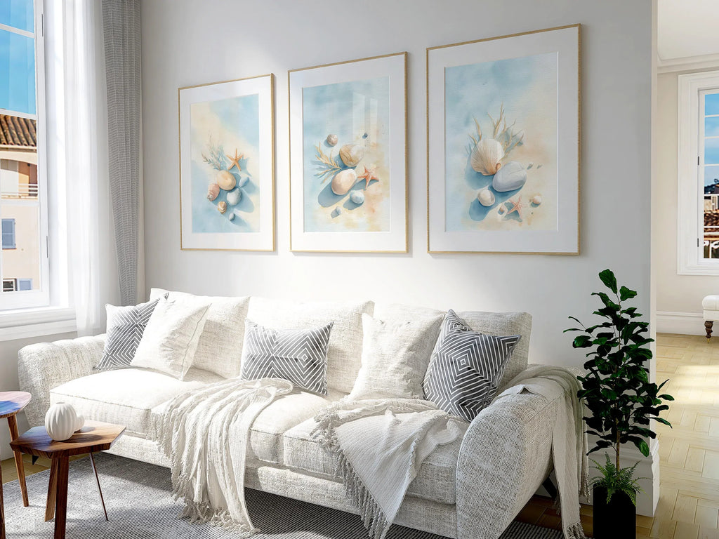 Coastal beach wall art set of 3 – seashell starfish ocean decor in blue beige