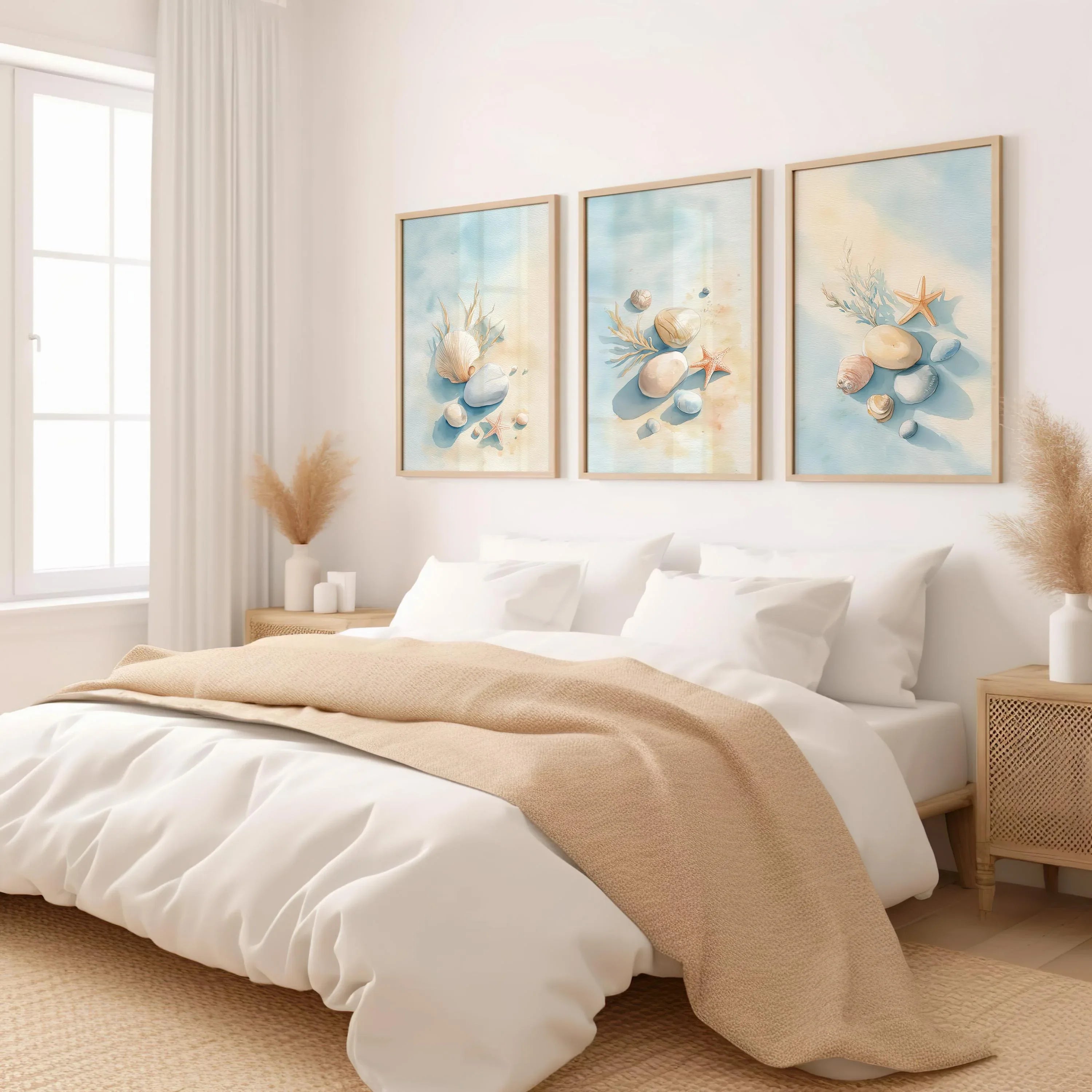 Coastal beach wall art set of 3 – seashell starfish ocean decor in blue beige