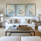 Coastal beach wall art set of 3 – seashell starfish ocean decor in blue beige