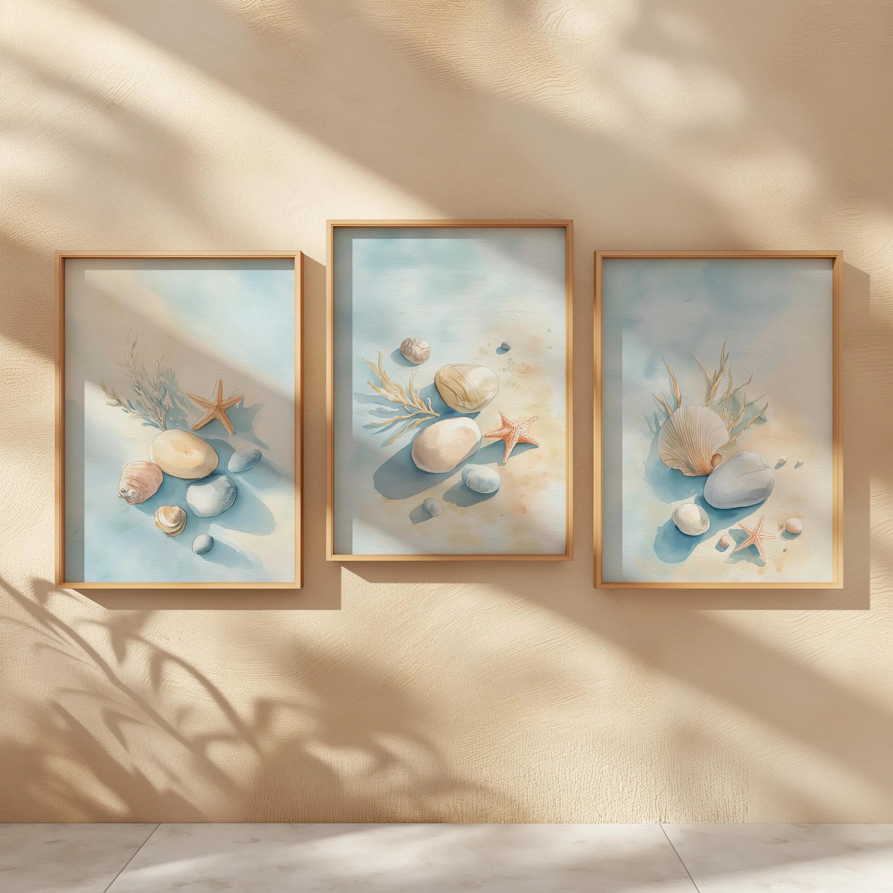 Coastal beach wall art set of 3 – seashell starfish ocean decor in blue beige
