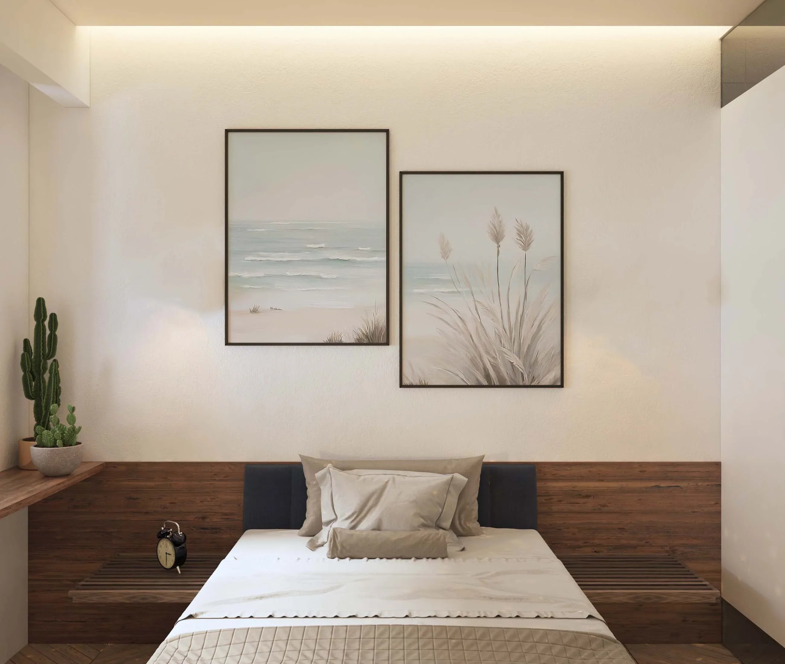 Coastal beach wall art set – neutral watercolour sand dunes and ocean scene