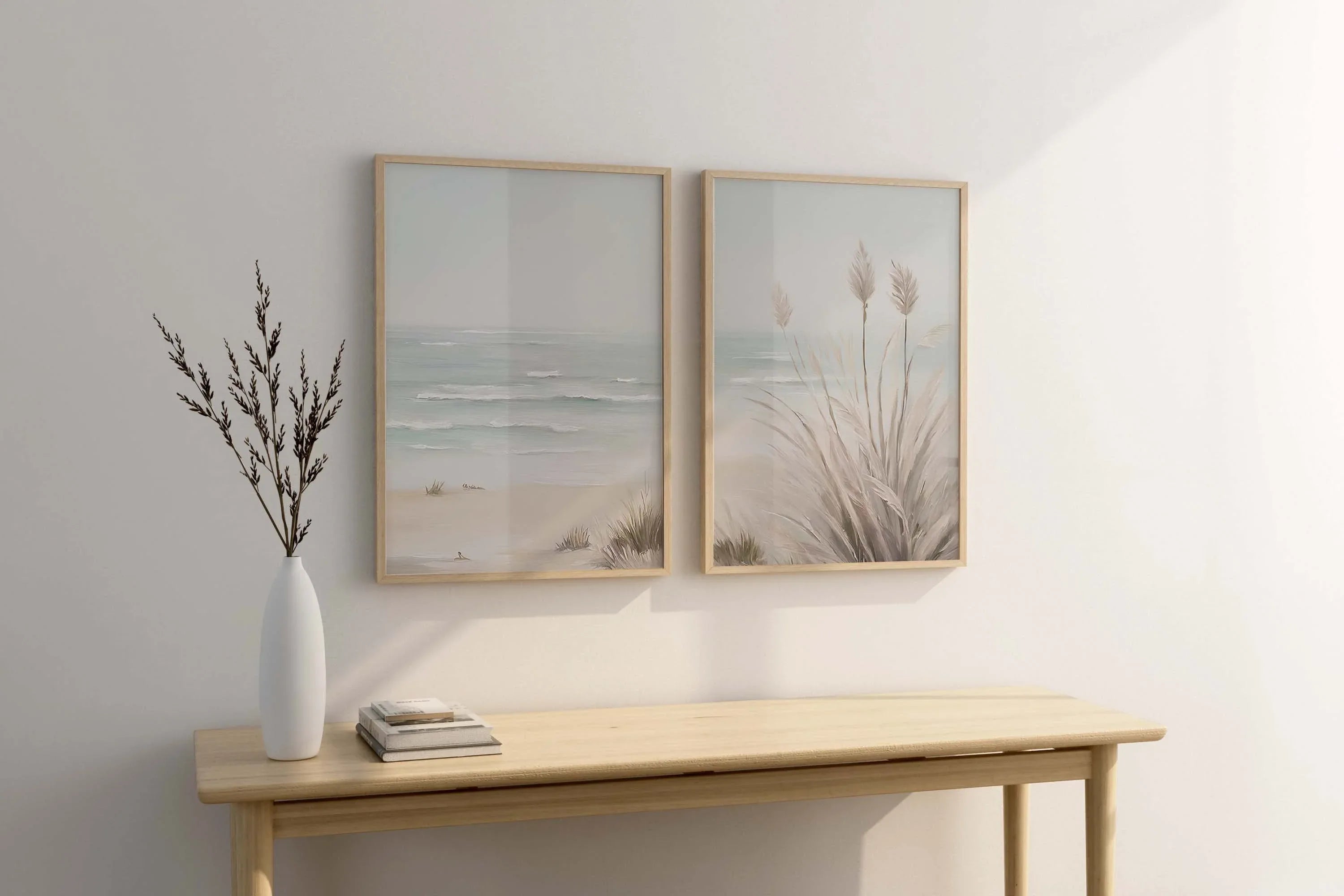 Coastal beach wall art set – neutral watercolour sand dunes and ocean scene