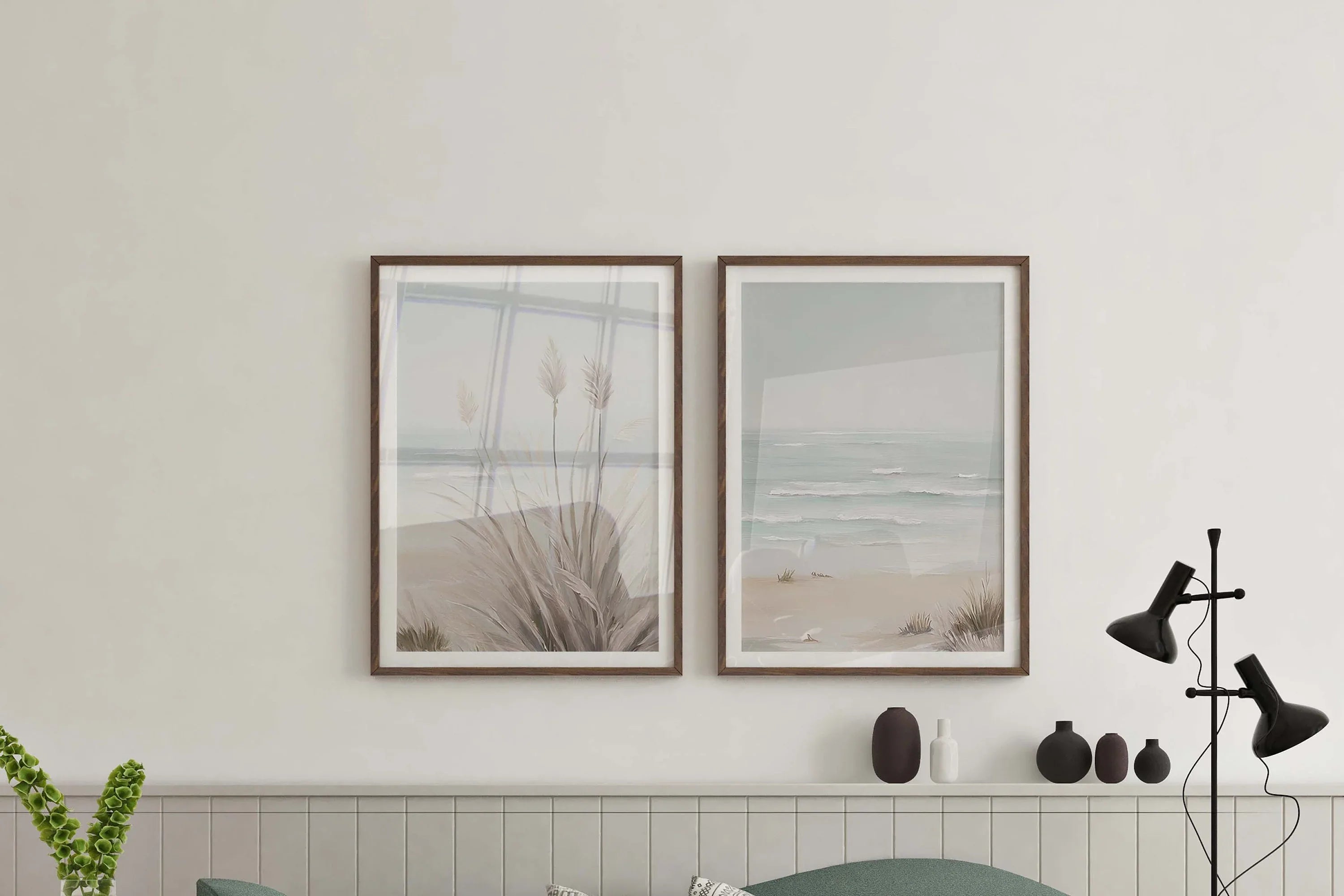 Coastal beach wall art set – neutral watercolour sand dunes and ocean scene