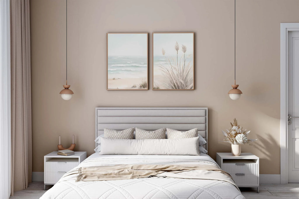 Coastal beach wall art set – neutral watercolour sand dunes and ocean scene