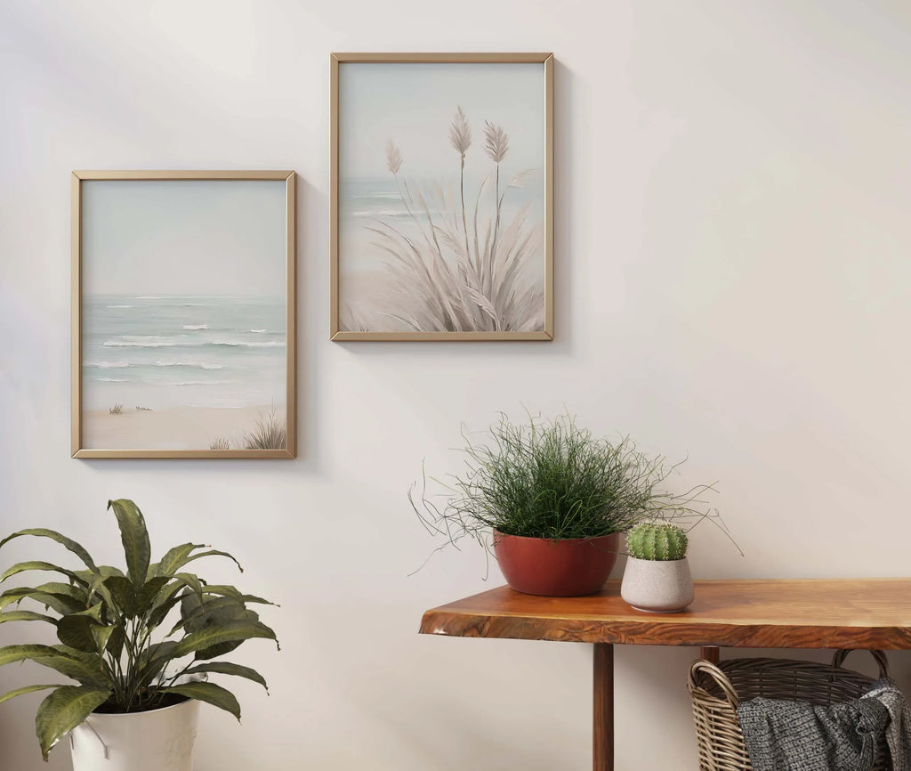 Coastal beach wall art set – neutral watercolour sand dunes and ocean scene