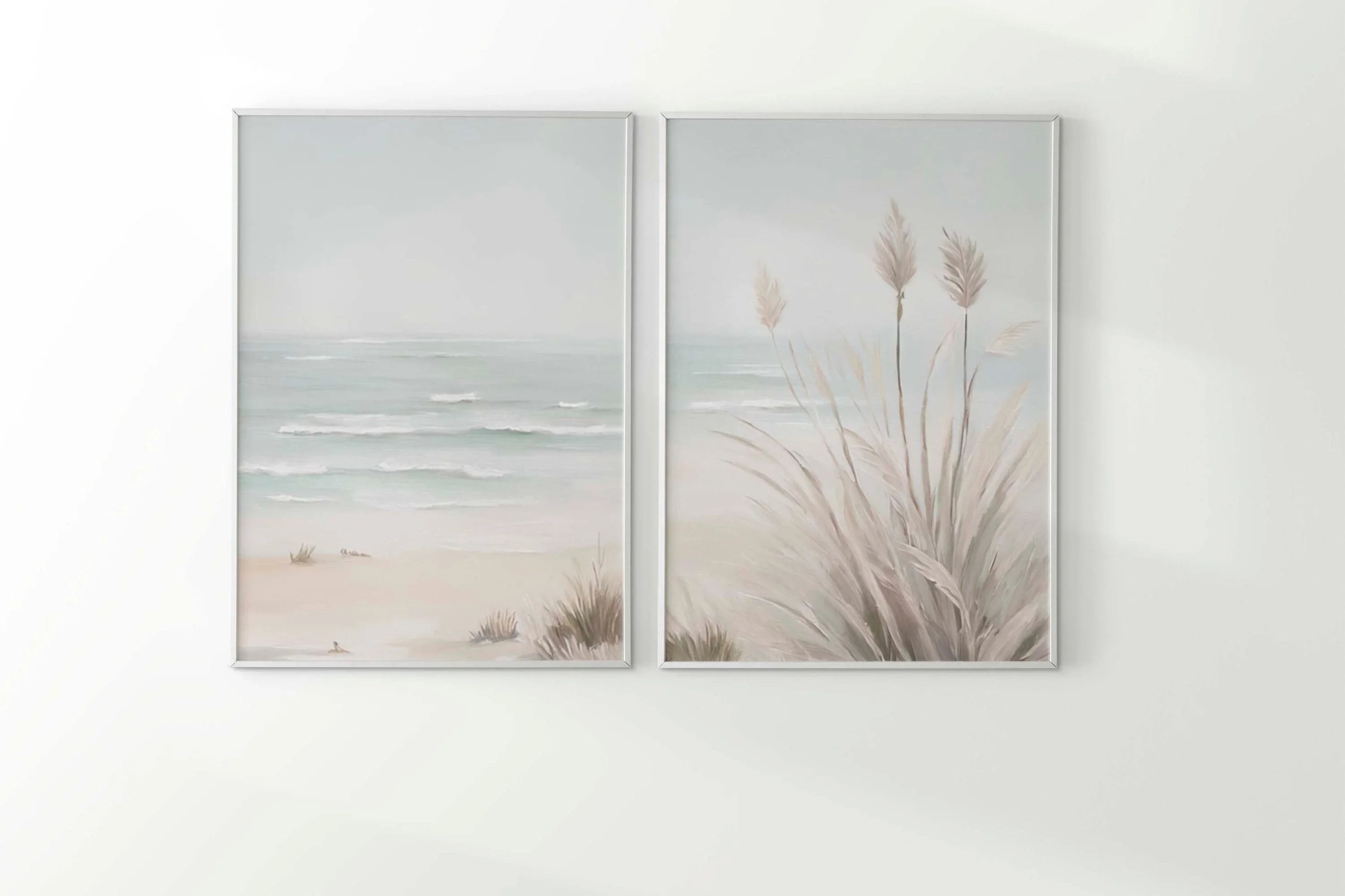 Coastal beach wall art set – neutral watercolour sand dunes and ocean scene